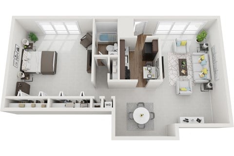 Floor plan for 1 bed, 1 bath, 880 sqft